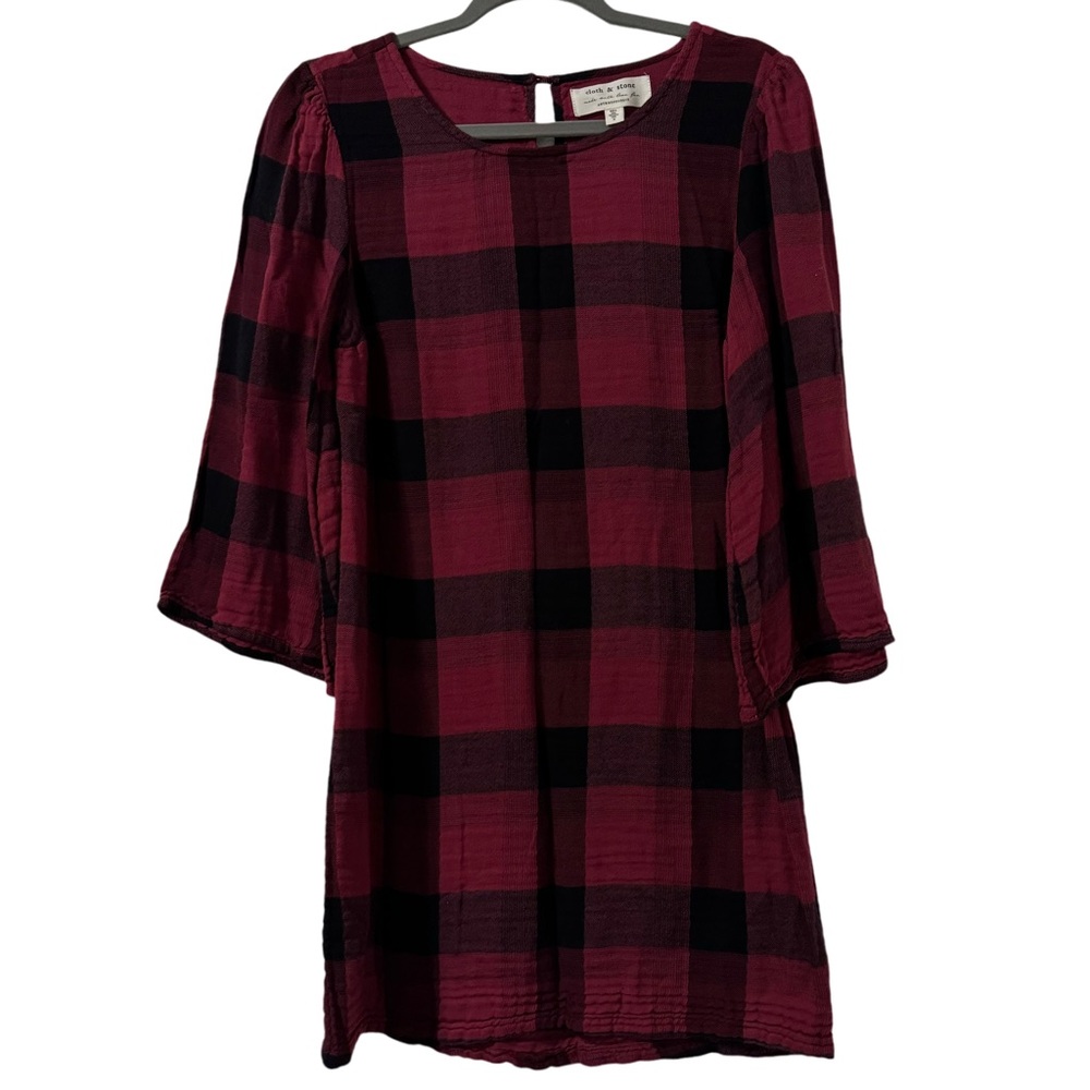 Anthropologie Cloth & Stone Buffalo Plaid Dress Bell Sleeve Sz XS Western Grunge
